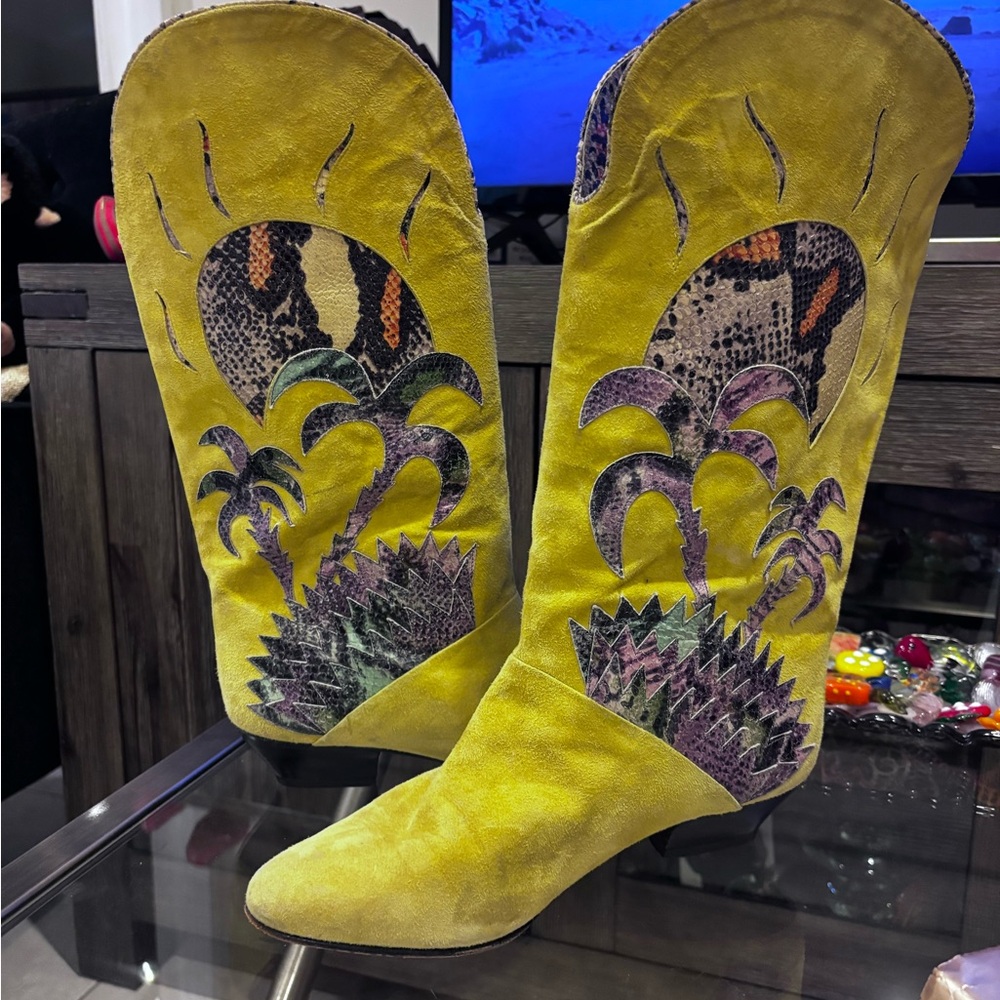 Vintage 80s Designer Yellow Suede and Skin Boots made in Italy Size 36